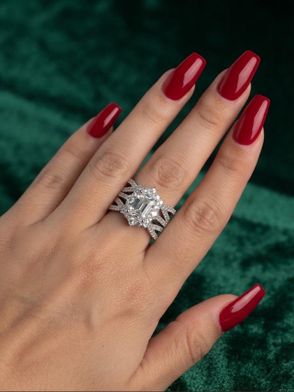 Elegant 14K Gold Plated CZ Emerald Cut Halo Ring